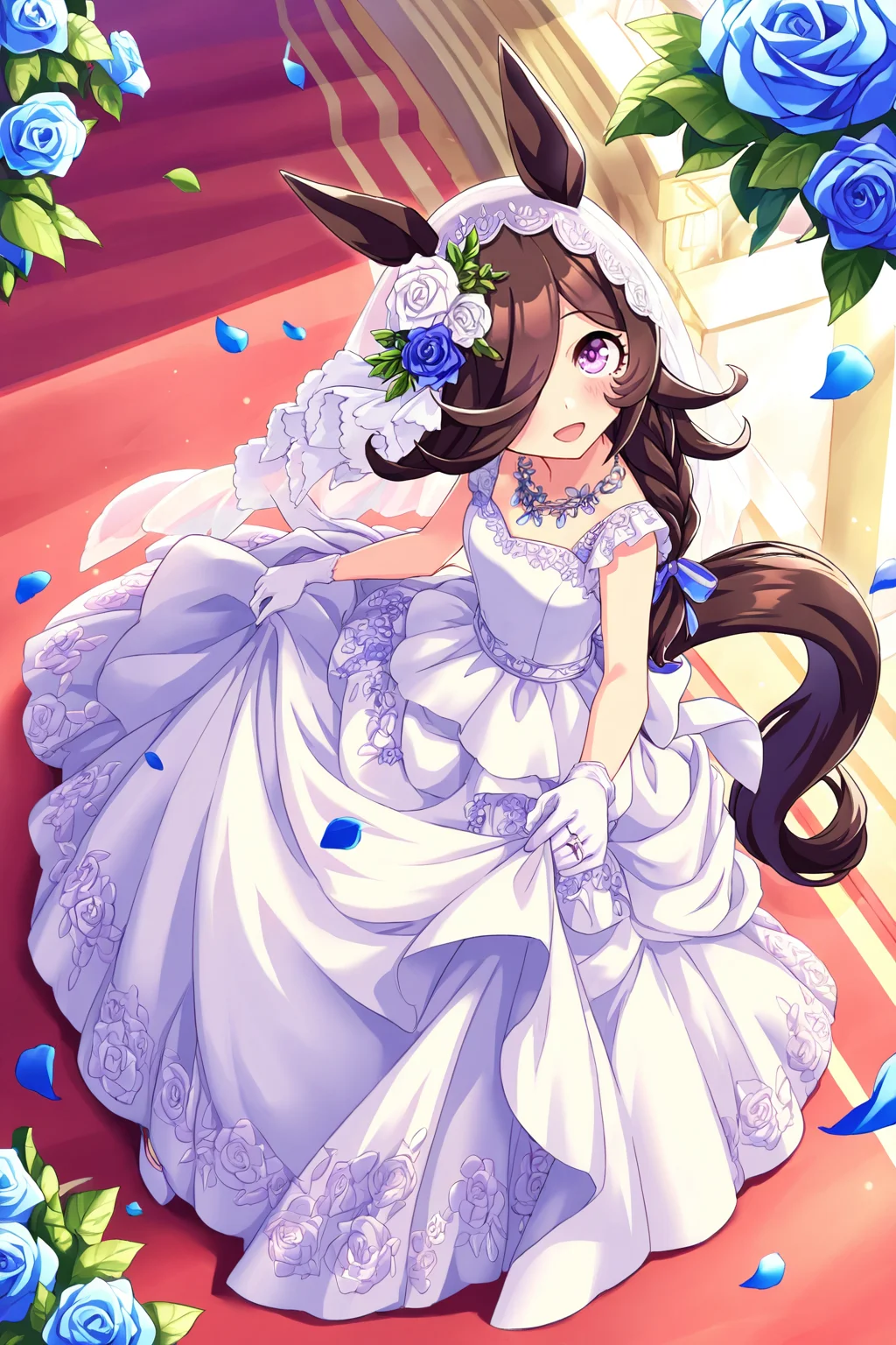 masterpiece,best quality,very aesthetic,absurdres,highres,newest,official art,official style,
1girl,solo,
rcs lfs, rice shower (longed-for scenery) (umamusume), rice shower (umamusume),
alternate costume, alternate hairstyle, animal ears, blue flower, blue rose,
blush, braid, braided ponytail, bridal veil, bride, brown hair, collarbone,
dress, flower, gloves, hair flower, hair ornament, hair over one eye, horse ears, horse girl, horse tail,
jewelry, long braid, long hair, low ponytail, necklace, official alternate costume, official alternate hairstyle,
petals, purple eyes, rose, sleeveless, sleeveless dress, tail, upper body, veil, violet eyes,
wedding, wedding dress, wedding ring, white dress, white flower, white gloves, white headwear,
standing,full body,
<lora:umamusume_rice_shower2_ill_v1.0:1>,