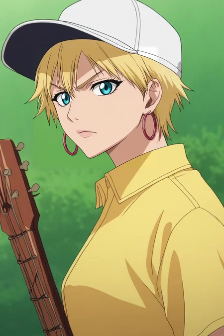 score_9, score_8_up, score_7_up, source_anime, rating_safe, intricate details, anime screencap, anime coloring, official style, looking at viewer, depth of field, 1girl, aqua eyes, baseball cap, blonde hair, closed mouth, earrings, green background, hat, hoop earrings, jewelry, looking at viewer, shirt, short hair, simple background, solo, upper body, yellow shirt, solo, from side, hill, greenery, dusk, holding instrument, angry, <lora:bleach_style_pony:0.82>, bleach_style, <lora:sdxl_lightning_8step_lora:1>
