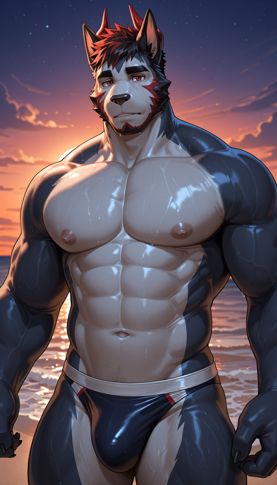 male focus,(detailed eyes:1.2, detailed face, nice eyes),solo,muscular,night,swim briefs,sunset,white belly,<lora:takahirosi-20:0.9>,
