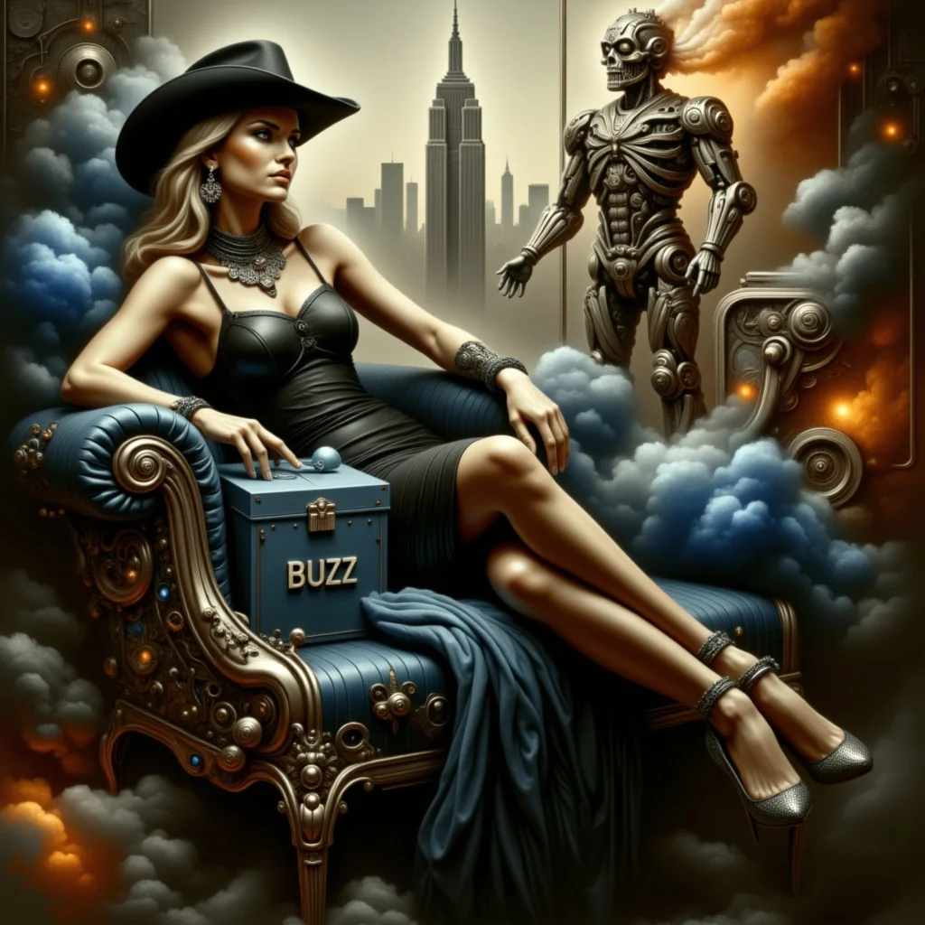Bathed in the warm glow of a city skyline, a striking figure reclines in an ornate leather armchair, embodying a mix of elegance and rebellion. With long, flowing hair and an alluring outfit that features a tight leather corset, she exudes confidence while adorned with intricate tattoos and stylish accessories. In one hand, she holds a sleek vape device, from which tendrils of smoke spiral upward, creating a juxtaposition against the backdrop of towering skyscrapers and a softly illuminated evening sky. The rich textures of her attire and the chair are accentuated by the golden lighting, evoking a sultry and mysterious ambiance that invites the viewer into her world. The entire scene conveys a narrative of urban sophistication and a hint of defiance, reflecting both a modern aesthetic and a classic allure.