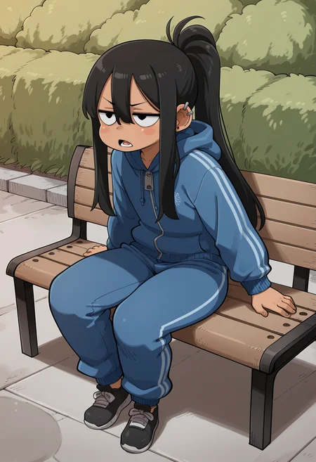masterpiece, best quality, amazing quality,hood down, bench, hoodie, sanpaku, ear piercing, multiple piercings, blush stickers, open mouth, hair between eyes, sneakers, black hair, ponytail, 1boy, full body, NWLLSon, black eyes, blue track suit, solo, dark-skinned male, blue track pants, shoes, sidelocks, jitome, sitting, black footwear, child, NWStyle, long hair <lora:IllustriousNWStyleV1:0.8>