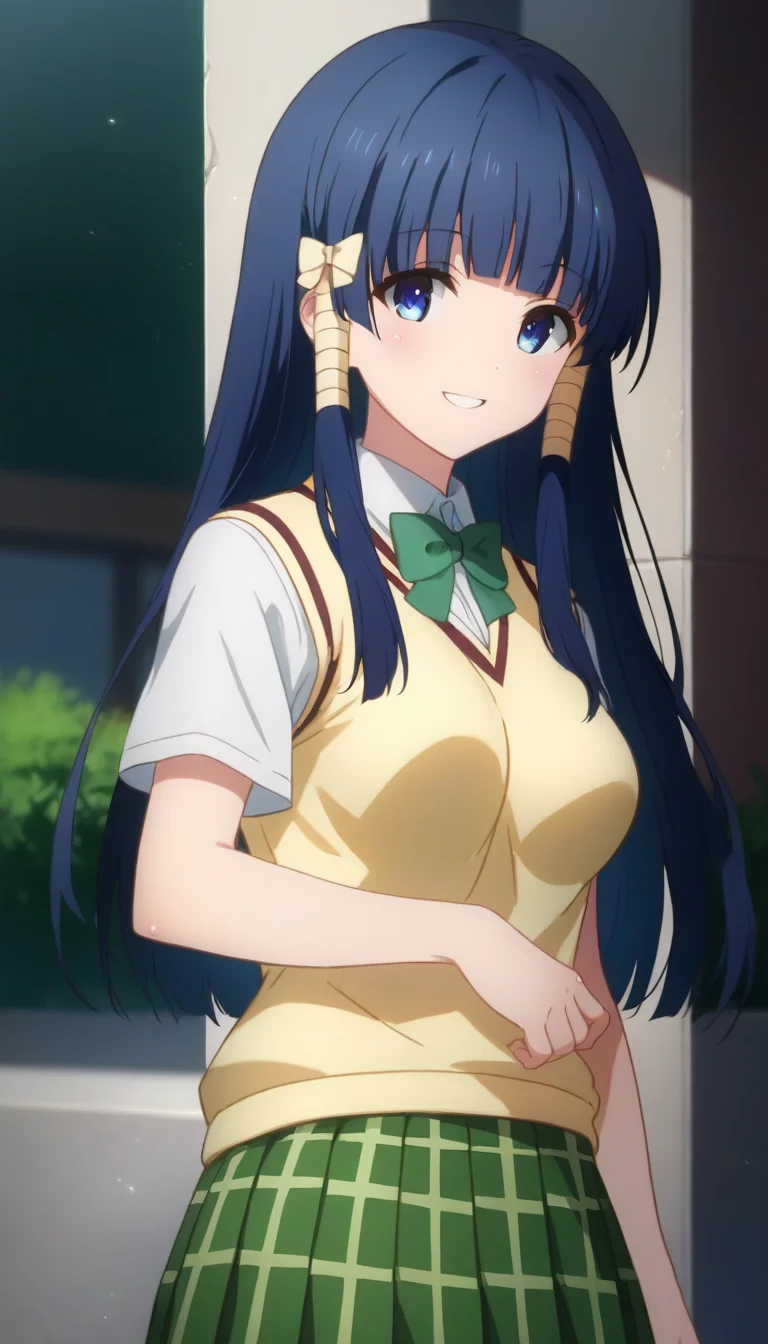score_9,score_8_up,score_7_up,score_6_up BREAK official art,solo,outdoors,upper body,(portrait:1.5),looking at viewer,facing viewer,smile,blush,Murasame Shizu,long hair,blue hair,hair ornament,hair bow,hair ribbon,hair tubes,blunt bangs,blue eyes,school uniform,sweater vest,yellow vest,white shirt,collared shirt,green bowtie,short sleeves,medium breasts,miniskirt,green skirt,plaid skirt,pleated skirt,black socks,loafers,<lora:Murasame Shizu(tlr)-Pony:1.6>,