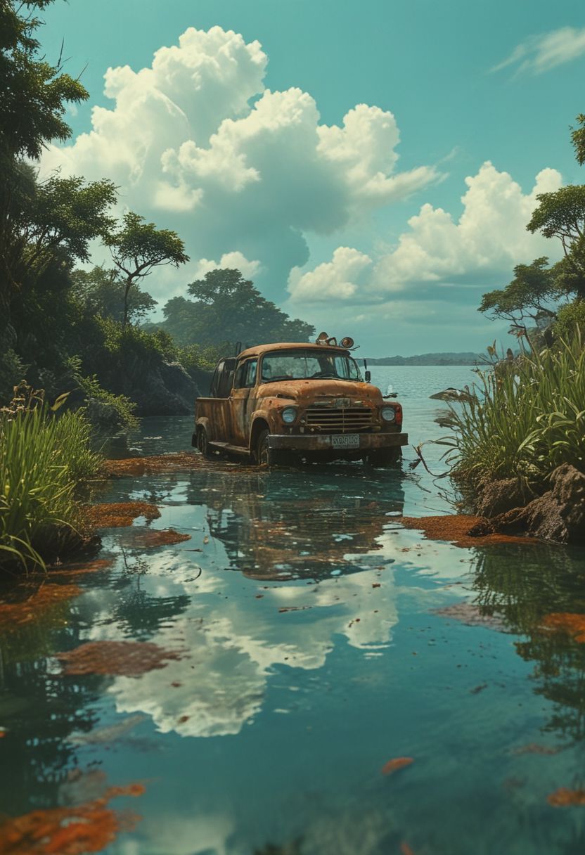 (ultra high res:1.4), (masterpiece), (beautiful lighting:1.4) , lush greenery, island, blackish water, beach, mechanical rusted parts half submerged, glowing jaws, murky water, lit by a single dim spotlight, VHS screen grab, nostalgic, old 80s found footage, the scene is captured in dimly lit dark fantasy but vibrant colors, with bold ink lines defining form against the watercolor wash of the aged paper, (deep underwater), anime, half above water and half below water , (clear underwater), beautiful sky with clouds, fish, depth