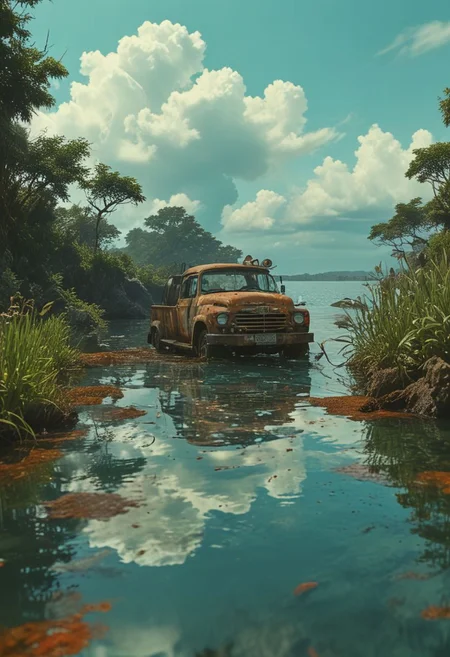 (ultra high res:1.4), (masterpiece), (beautiful lighting:1.4) , lush greenery, island, blackish water, beach, mechanical rusted parts half submerged, glowing jaws, murky water, lit by a single dim spotlight, VHS screen grab, nostalgic, old 80s found footage, the scene is captured in dimly lit dark fantasy but vibrant colors, with bold ink lines defining form against the watercolor wash of the aged paper, (deep underwater), anime, half above water and half below water , (clear underwater), beautiful sky with clouds, fish, depth