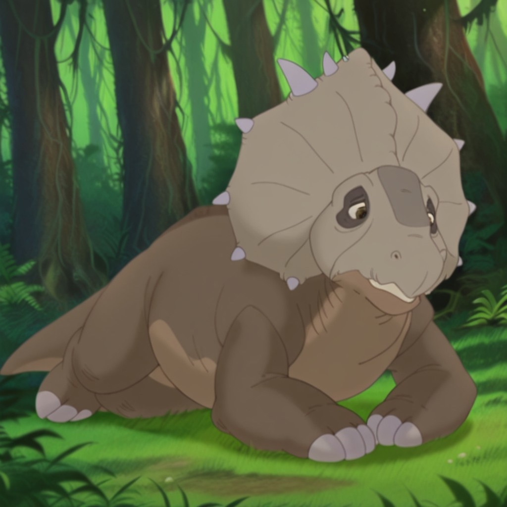 masterpiece, best quality, amazing quality, thicknoselbtil, feral, male, Pachyrhinosaurus, brown skin, brown eyes, crest with spikes, tail, lying, on stomach,  forest,