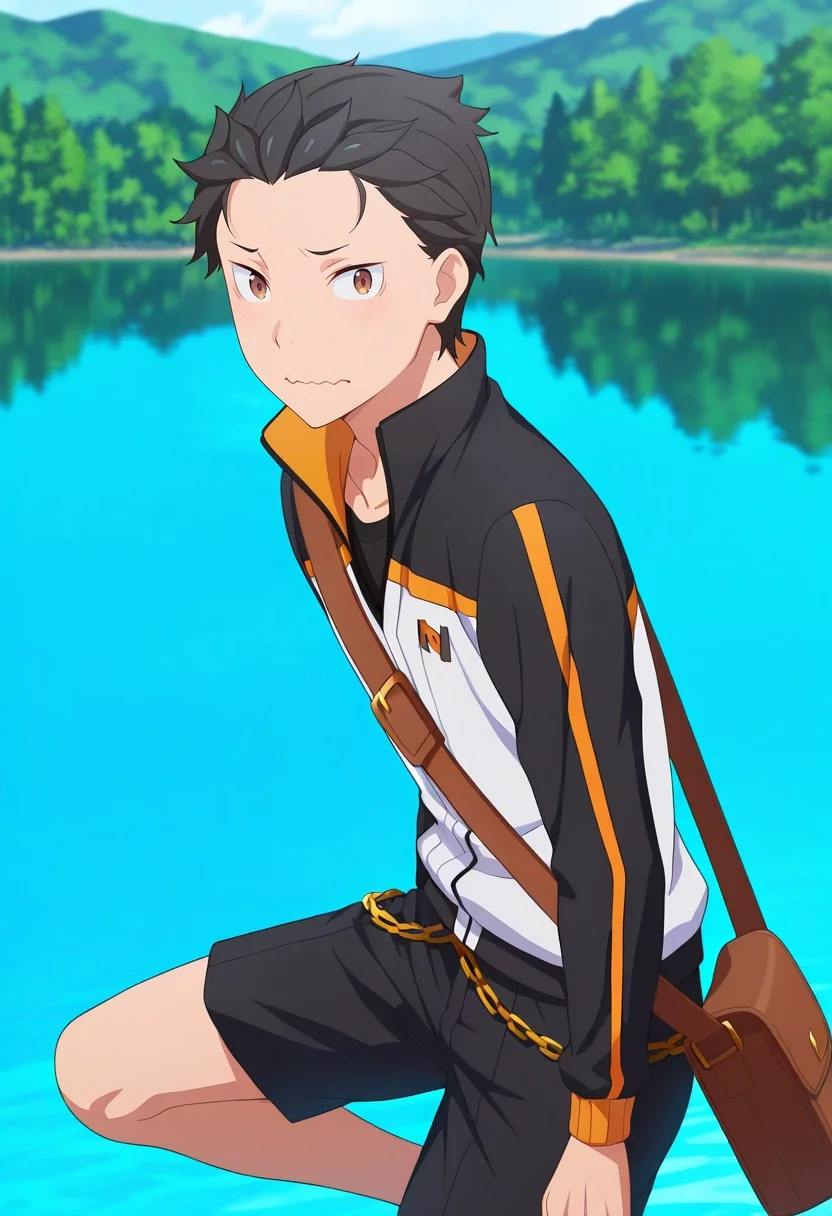masterpiece, best quality, , anime screencap, anime coloring, , looking at viewer, 1boy, solo, male focus, <lora:subaru_natsuki_ilxl:0.92>, subaru_natsuki, black hair, brown eyes, short hair, natsuki subaru, hair slicked back, track jacket, from side, lake, day, one leg up, wavy mouth, closed mouth, Pleated shorts, Marble Goldenrod Chambray Hoodie, , , Waist chain and andMessenger Bag