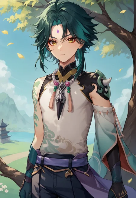 score_9, score_8_up, score_7_up, source_anime, highly detailed,
xiao, 1boy, male focus, solo, green hair, black hair, two-tone hair, ahoge, yellow eyes, facial mark, forehead mark, bangs, shirt, white shirt, sleeveless, single detached sleeve, shoulder armor, shoulder spiked, spiked, tattoo, arm tattoo, jewelry, beads, necklace, bead necklace, tassel, gloves, black gloves, pants,
outdoor, oriental, wind, tree, on branch, stand,