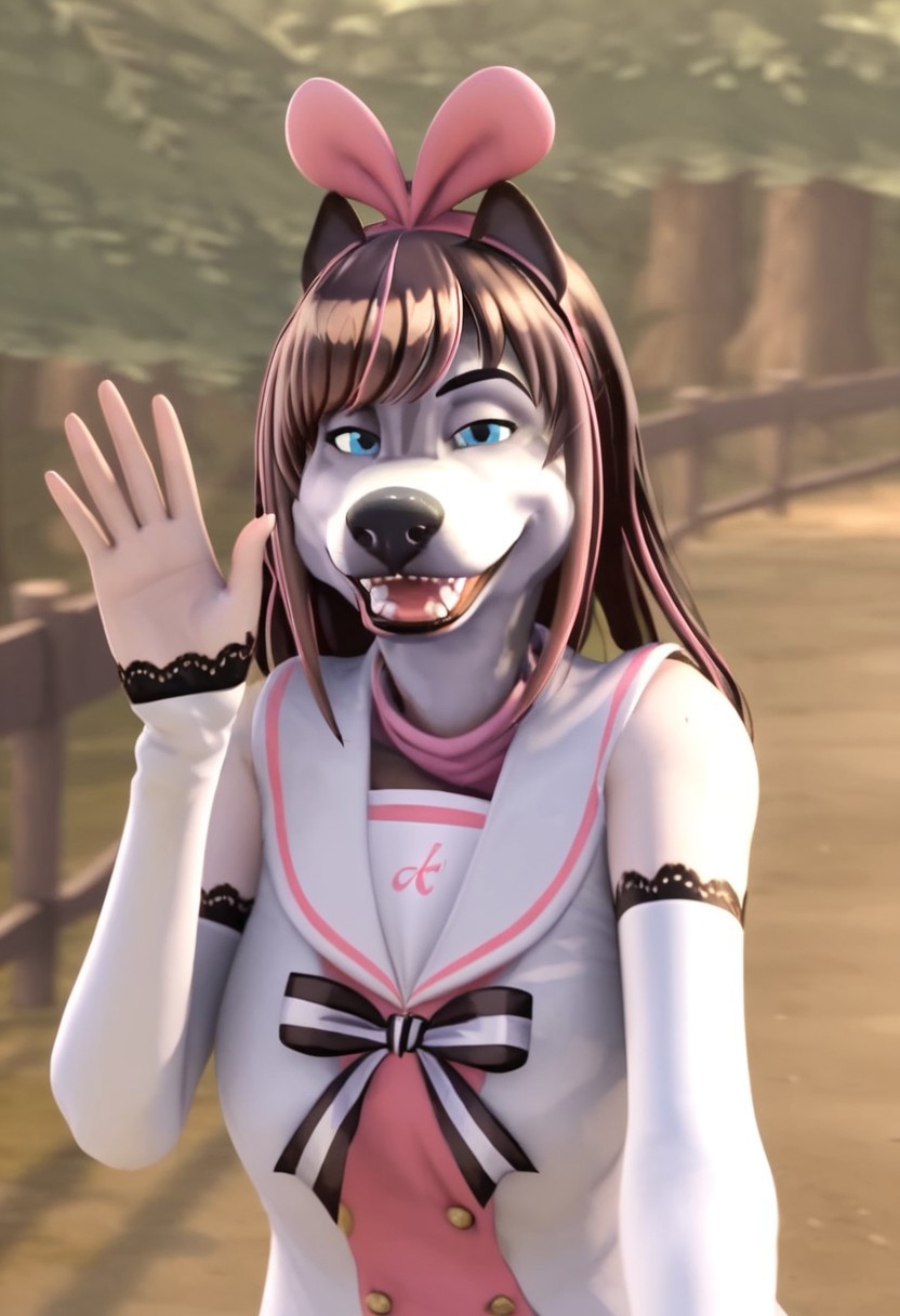 kizuna_ai_furry, 1girl, female furry, anthro, dog face, white and gray fur, small dog ears, long brown streaked hair (pink highlights and bangs), pink headband (heart-shaped), blue eyes, white and pink sailor suit (black and white striped ribbon), white arm sleeves (black lace), white short pants (pink highlights), white tigh highs (pink highlights and black lace), score_8_up, score_7_up, BREAK, 1girl, solo, looking at viewer, smiling, smug, waving at viewer, female focus, looking at viewer, forest background, detailed background, 4k, masterpiece, best quality, highly detailed, realistic, 3d, cowboy shot, Expressiveh