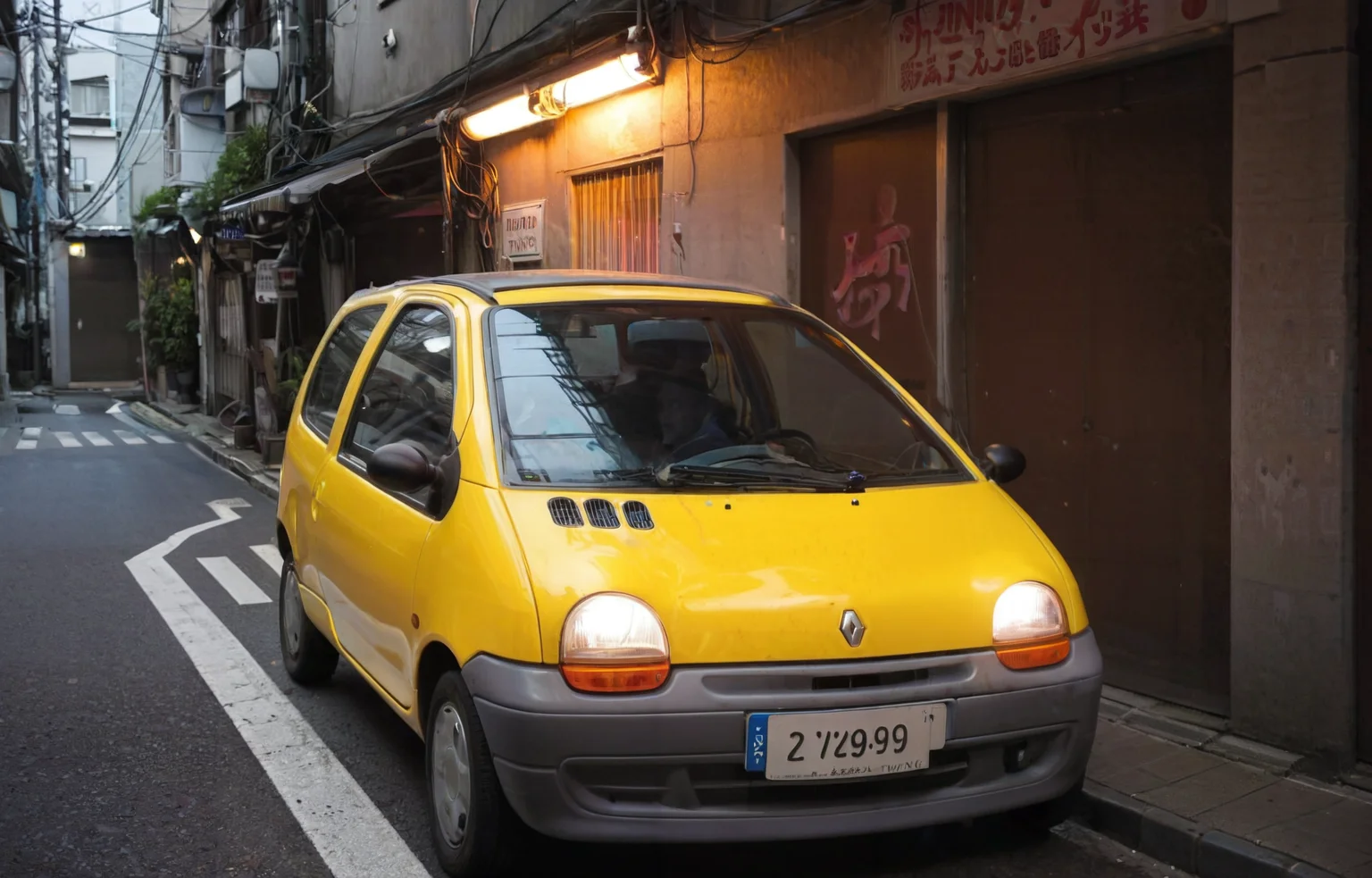 shinjuku golden gai at night, colorful neon lights, a evil renault twingo car , from the front, headlights shining through the fog , horror movie atmosphere<lora:Twingo_SDXL:1>