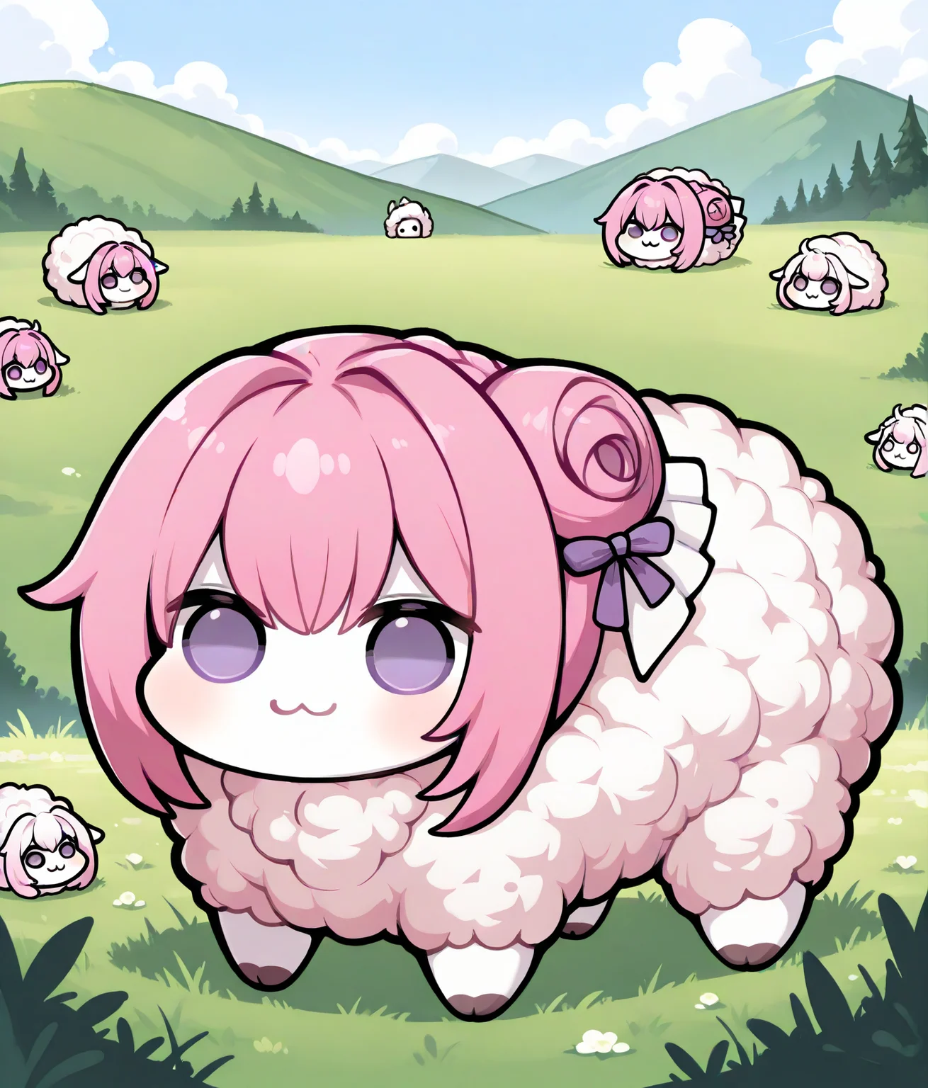masterpiece,best quality,absurdres,highres,very aesthetic,high quality,
<lora:Mega_Wooly_for_Illustrious_XL_V2>,megawooly,wooly,wool,
<lora:doro_xypher_ixl_v1:0.8>,doro,:3,chibi,no pupils,pink hair,solid circle eyes,single side bun,hair bow,purple ribbon,white skin,all fours,dorothy \(nikke\),purple eyes,
outdoors,hill,