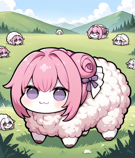 masterpiece,best quality,absurdres,highres,very aesthetic,high quality,
<lora:Mega_Wooly_for_Illustrious_XL_V2>,megawooly,wooly,wool,
<lora:doro_xypher_ixl_v1:0.8>,doro,:3,chibi,no pupils,pink hair,solid circle eyes,single side bun,hair bow,purple ribbon,white skin,all fours,dorothy \(nikke\),purple eyes,
outdoors,hill,