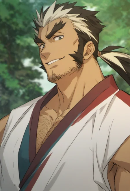 1boy, genji, long sideburns, thick eyebrows, multicolored hair, sleeveless japanese armor, forest environment, score_8_up, score_7_up, score_6_up, score_9_up, face_focus, fantasy, ((middle-age man)), hairy, muscular, centered, looking at viewer,  8k uhd, high quality,