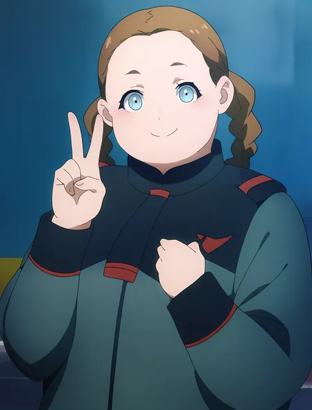 score_9, score_8_up, score_7_up, score_6_up, score_5_up, score_4_up,, source_anime,
, BREAK, uncensored,
, 1girl,,
<lora:gwitch_lilique:1> gwitch_lilique_def, forehead, blue eyes, brown hair, chubby, asticassia school uniform, long sleeves, green jacket, black footwear, green shorts,
upper body, v,
looking at viewer,
blush,
indoor,
smile,