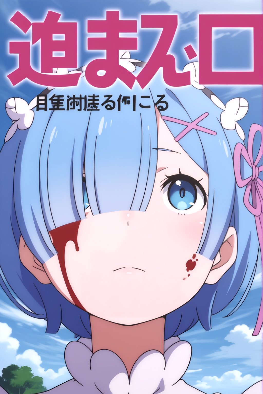 <lora:Rem:0.8> rem (re:zero), 1girl, blue hair, blue eyes, x-shaped hair clip, pink hair clip, close-up, outdoors, blue sky, white clouds, trees, serious expression, looking up, blood on face, daylight, upper body, title logo, japanese text, hair over one eye