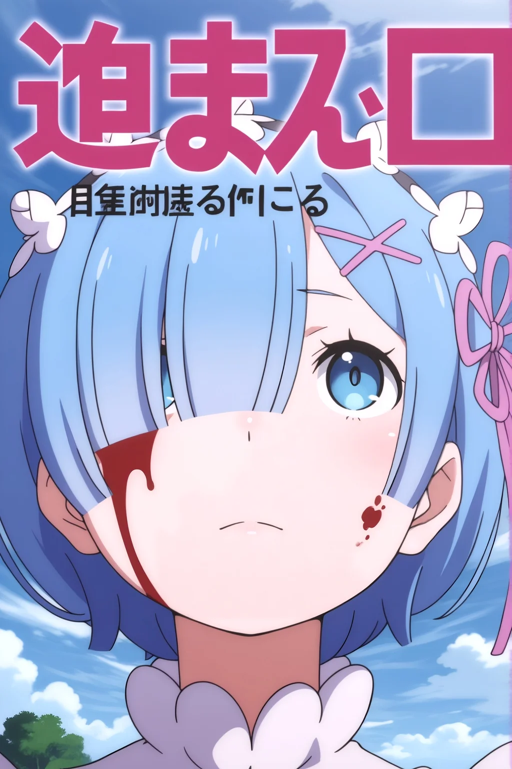 <lora:Rem:0.8> rem (re:zero), 1girl, blue hair, blue eyes, x-shaped hair clip, pink hair clip, close-up, outdoors, blue sky, white clouds, trees, serious expression, looking up, blood on face, daylight, upper body, title logo, japanese text, hair over one eye