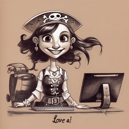 drawix5 drawing portrait of a cheerful pirate girl, in front of a computer, the inscription "LOVE AI" <lora:drawix5:1>