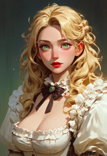 score_9,score_8_up,score_7_up,score_6_up, 1girl, solo, green eyes, blonde hair, shining blonde hair, blonde eyebrow, long eyelash, red lips, naive face, big breast, victorian dress, full body, The Phantom of the Opera style