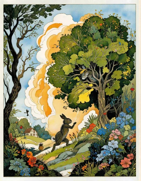 <lora:chzcat:1>, Picture a wacky woodland where trees sway to the rhythm of giggles, flowers bloom in every color imaginable, and thereâs always a pot of golden honey bubbling somewhere nearby. In this magical place, our sneaky rabbit hides behind a GIANT bush shaped like a fluffy cloud while plotting his next prank on the poor unsuspecting bear. Add details about how the wind carries whispers of 'fire!' through the air, making leaves rustle nervously, and birds chirp in confusion
