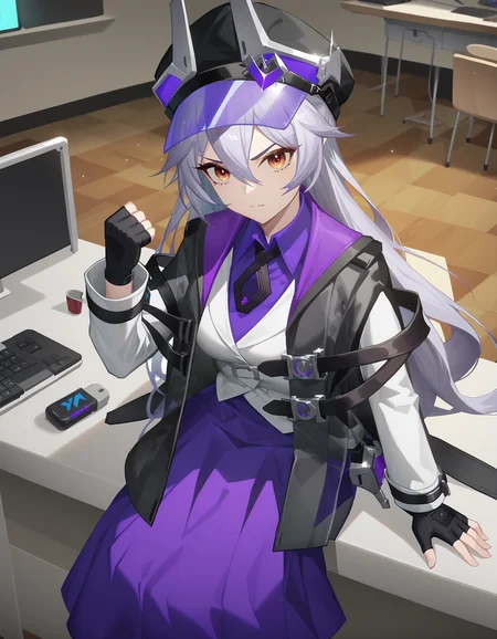 score_9,score_8_up,score_7_up,sitting on desk,lab,looking at viewer,fist,punching at viewer,incoming punch,happy,computer,
<lora:luxini_pony:0.75>,luxini,1girl,solo,gloves,black gloves,long hair,hat,fingerless gloves,purple shirt,necktie,dress,black headwear,purple necktie,long sleeves,coat,bangs,shirt,hair between eyes,cinematic_angle,face punch,<lora:Anime_Screencap:1>,anime screencap,