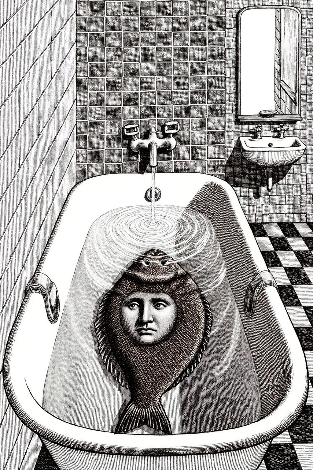 edwardgorey1 illustration.
A bathroom scene shows a bathtub filled with water. At the bottom of the bathtub is a large flounder with a human face embedded in it. Ripples spread from a faucet. The bathtub is against a tiled wall with a small sink and mirror to the right. The floor has checkered tiles. <lora:edwardgorey1_d8a4e9:1.0><lora:864746317979641645:0>