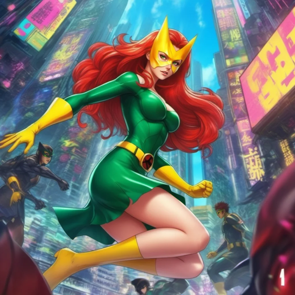 anime artwork a fullbody skinny with big breast redhead woman wears a green dress and a yellow mask, powerfull superhero <lora:MarvelGirl1024:0.8> . anime style, key visual, vibrant, studio anime, highly detailed