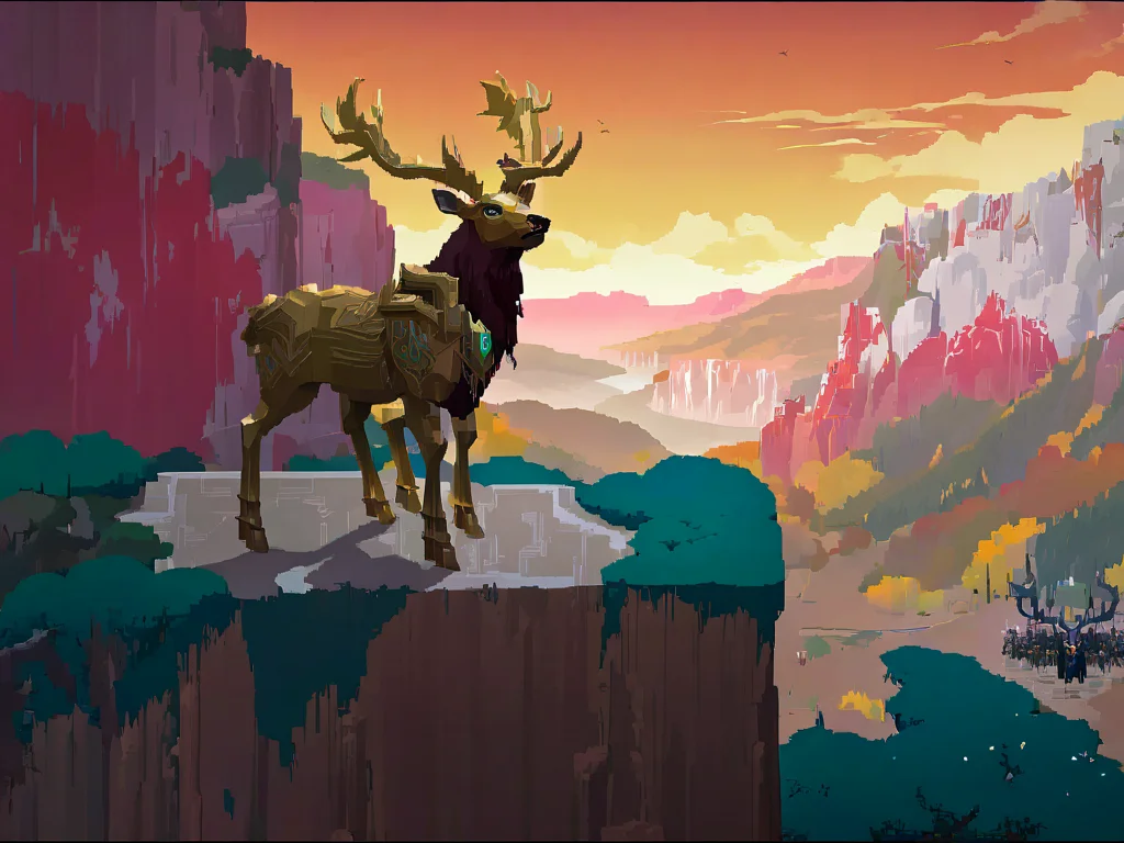 masterpiece, red cliff overlook, majestic giant stag in the background, golden hour autumn, very intricate and detailed, matte painting, aerial shot, volumetric light, godrays, colors reflect, top down pixel art, video game level design,  <lora:HyLidR_LoRa:0.8>