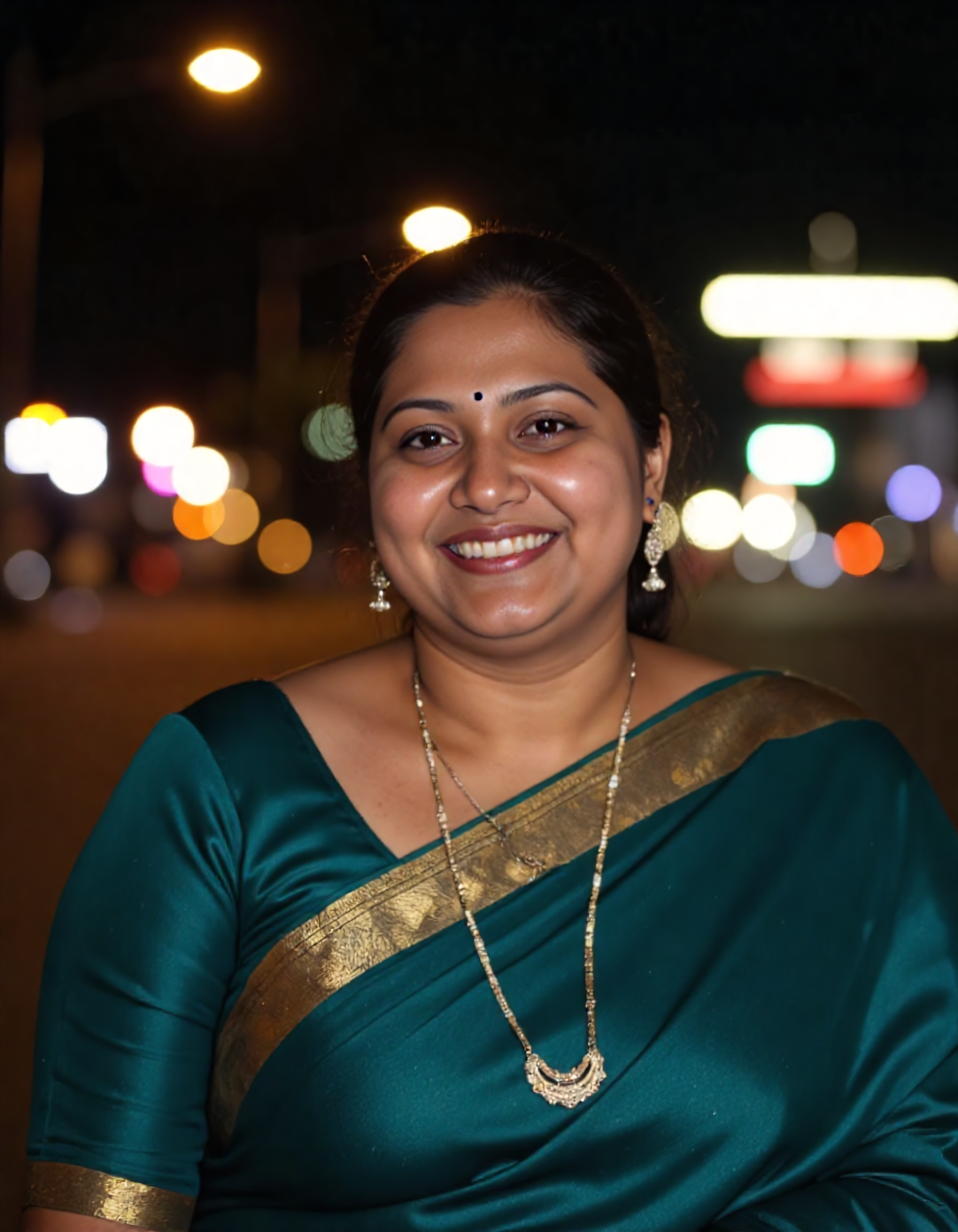 night-time close_up photo of a well dressed desi woman, wearing dark-Turquoise colored Bomkai Saree (Odisha traditional saree), happy,solo focus, city light in background bokeh <lora:Desi_Coffee_Flux_Kohya_LoHa_v2:0.8>âââ