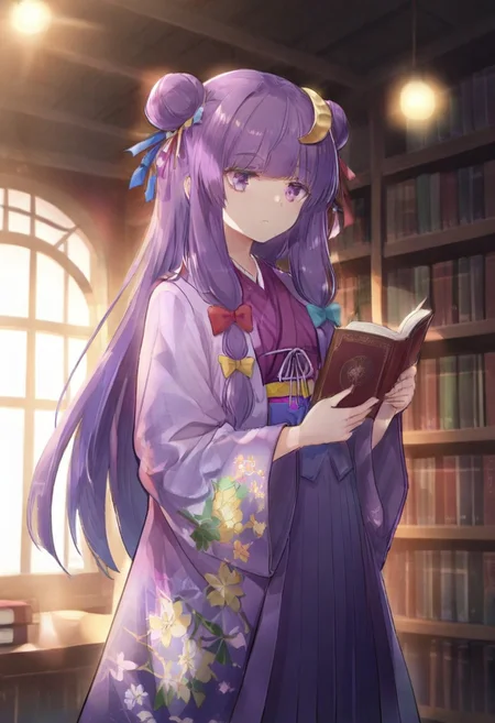 volumetric lighting, ambient occlusion, luminescent background, masterpiece, very awa,library,indoors, a girl reading, beam of light, light through window,depth of field 
BREAK
 patchouli knowledge, 1girl, solo, purple eyes, purple hair, long hair, sidelocks,, patchouli knowledge \(great library at the hieda residence\), alternate costume, no headwear, hair bun, double bun, hair ornament, blue bow, yellow bow, red bow, aqua bow, crescent hair ornament, purple kimono, floral print, long sleeves, wide sleeves, yellow obiage, purple obi, hakama skirt,holding book,