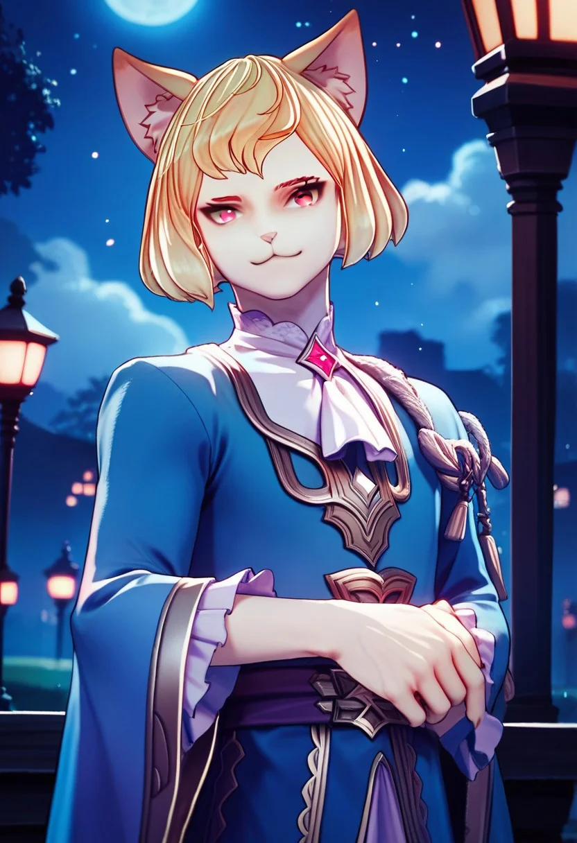 score_9,score_8_up,score_7_up,source_anime, Morley (Visions Of Mana),1boy, male focus,solo,looking at viewer,red eyes,dress,night,cat girl,