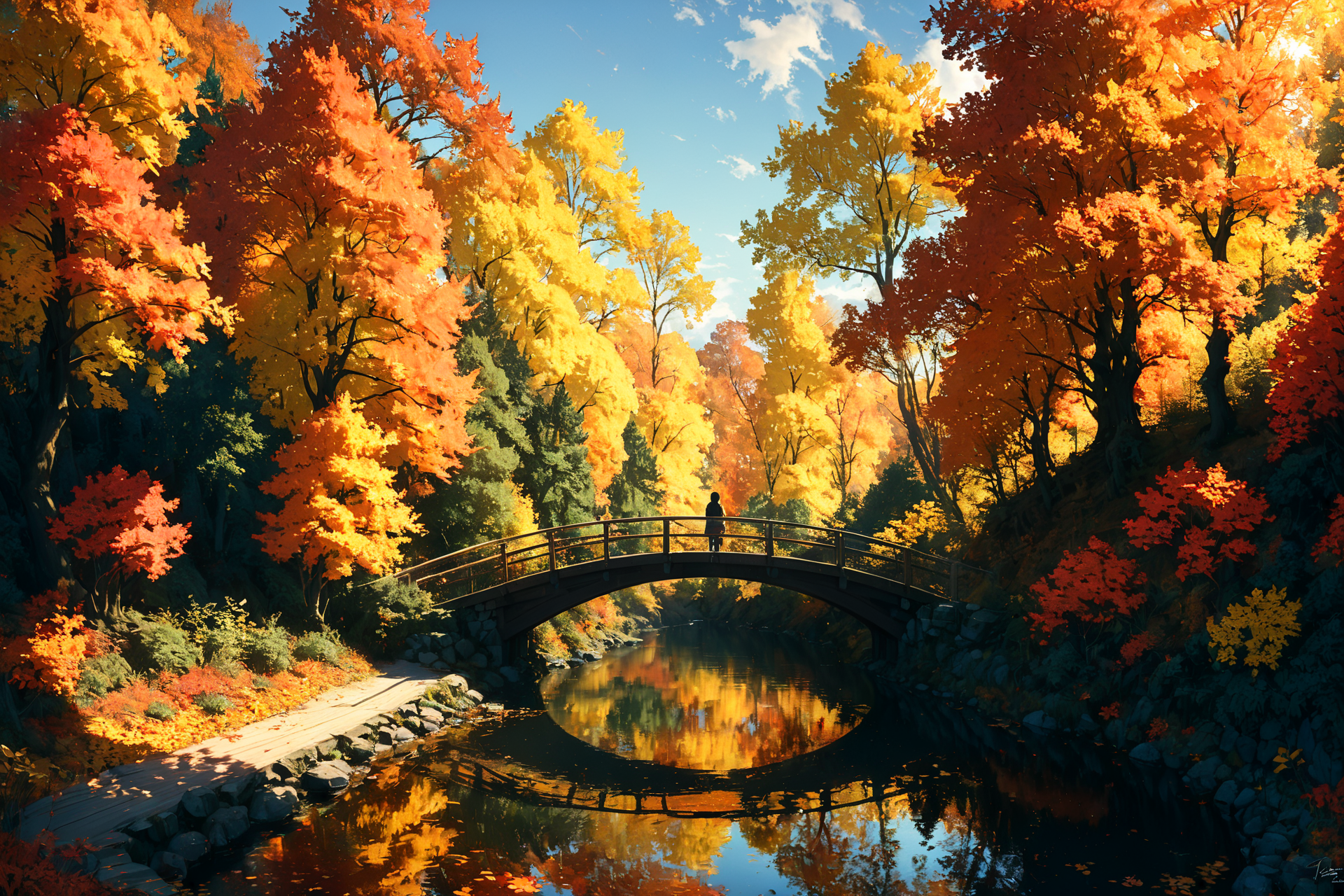 Imagine a serene landscape in the heart of autumn, where the vibrant hues of red, orange, and yellow leaves contrast strikingly against a clear, azure sky. A gentle river meanders through the scene, reflecting the brilliant colors of the trees on its smooth surface. In the foreground, a small wooden bridge arches over the river, inviting onlookers to cross. A solitary figure, clad in a cozy sweater and scarf, stands on the bridge, pausing to take in the breathtaking view. The air is crisp and filled with the subtle scent of falling leaves, creating a sense of peace and tranquility. This picturesque setting captures the essence of autumn's beauty and the reflective mood it inspires.. <lora:Lost_In_Dreams:0.6> <lora:xl_more_art-full_v1:0.6>, (masterpiece:1.2), best quality, (hyperdetailed, highest detailed:1.2), high resolution textures
