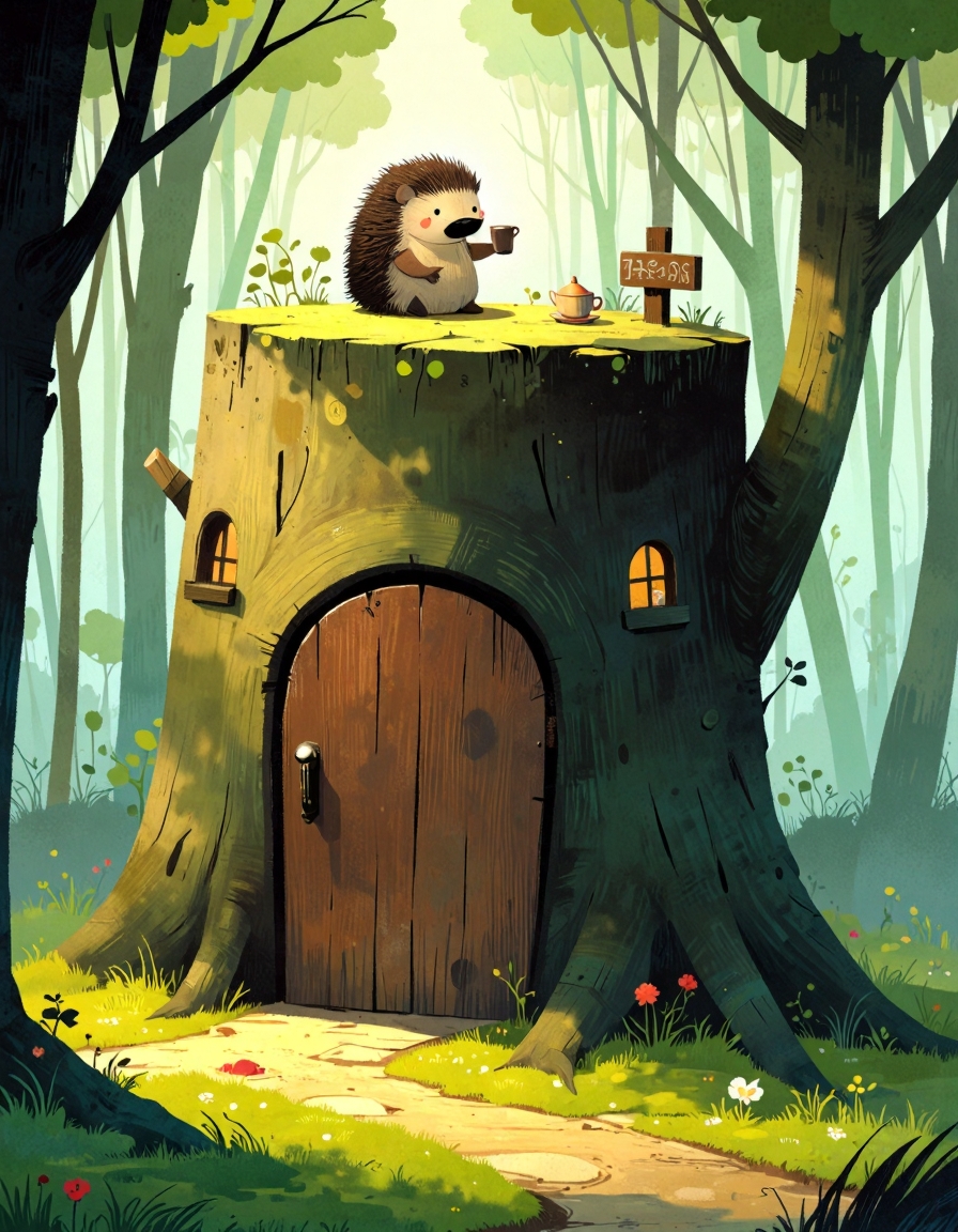 ppstorybook,A whimsical scene of a tree stump house with a curved wooden door and tiny windows carved into its sides. A chubby hedgehog looks out from one of the windows, holding a teacup in its paws. The surrounding forest is alive with warm sunlight and soft green hues.