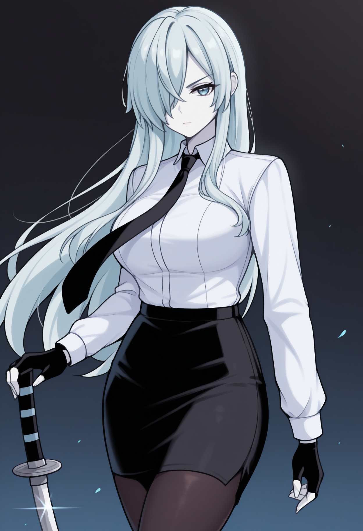 masterpiece, best quality, <break> solo, 1girl, ull96, white skin, expressionless, looking at viewer, standing, holding sword, katana, hand on hilt, planted sword, long hair, white hair, hair over one eye, blue eyes, v-shaped eyebrows, white shirt, collared shirt, black necktie, long sleeves, black gloves, fingerless gloves, black skirt, pencil skirt, black pantyhose, dark background, glint
<segment:yolo-Anzhc Face seg 640 v2 y8n.pt,0.4,0.5//cid=1>