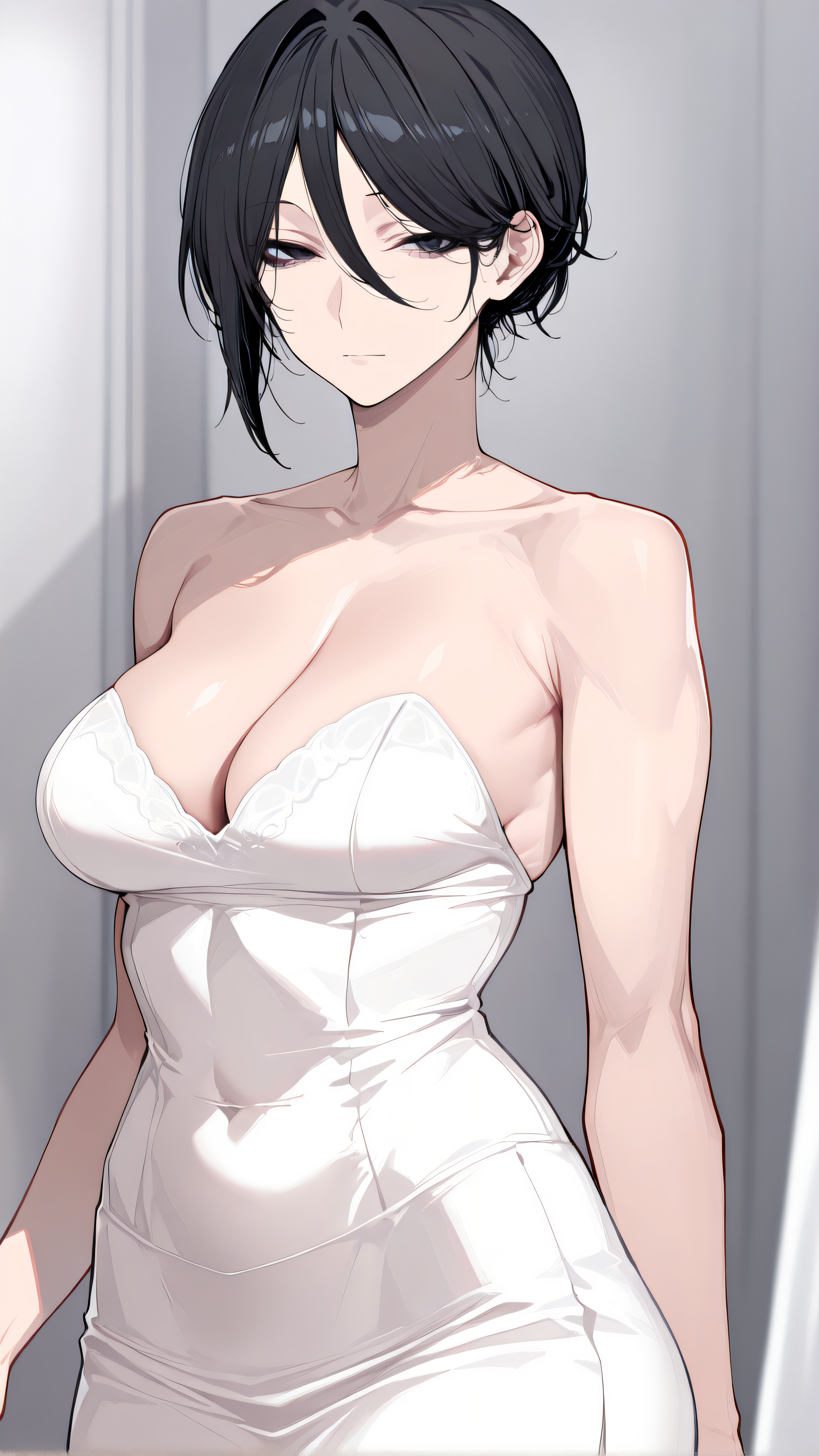 1girl, solo,beautiful detailed eyes, single hair bun, hair bun, short hair,  hair between eyes,black hair,black eyes, looking at viewer,,(medium breasts),





 fullbody shot, sole, alone, single character, sole character, no other characters, toned body.Wedding dress, cleavage, 


















masterpiece,best quality,amazing quality,highres, 



