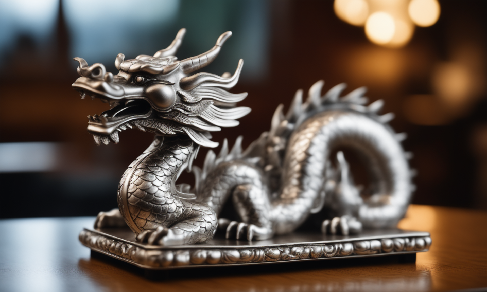 cinematic film still <lora:silvercarvingcd_xl-000005:0.3>,a handmade model toy of a chinese dragon made of (silvercarvingcd_xl,silver carving,shiny:1.3) in office,no humans,long-focus,tilt-shift,indoors,full body,chinese zodiac,wooden table,cutie,cute,still life,animal statue,front view,facing viewer,looking at viewer . shallow depth of field, vignette, highly detailed, high budget, bokeh, cinemascope, moody, epic, gorgeous, film grain, grainy, 8K, HDR, UHD, masterpiece, best quality, highly detailed, high resolution, finely detail, extremely detailed, ultra detailed, wallpaper