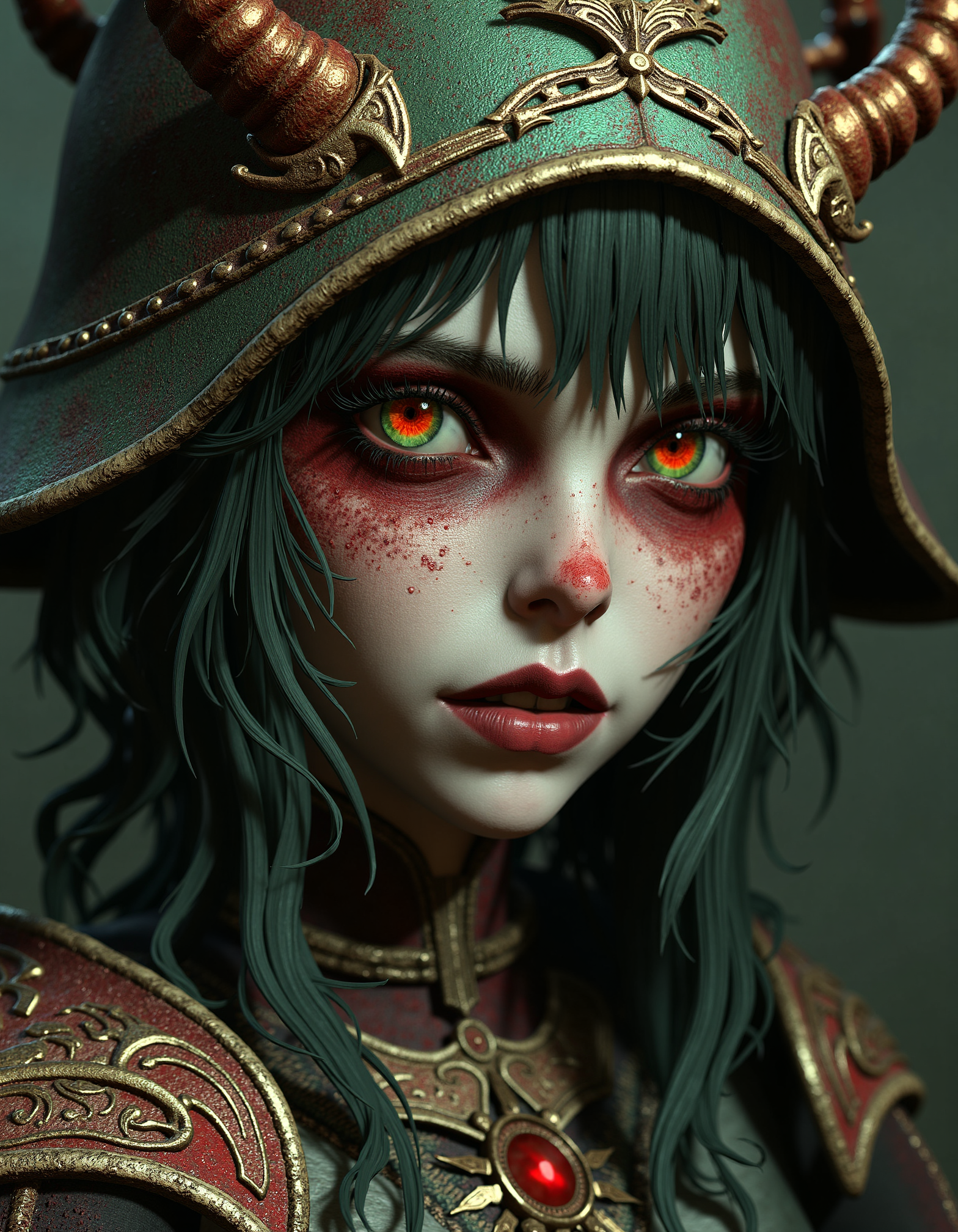 zavy-lch, close-up view, dark fantasy art style, a young female lich looking mysteriously at the viewer, dark background, muted and earthy color palette with reds, greens, and golds.