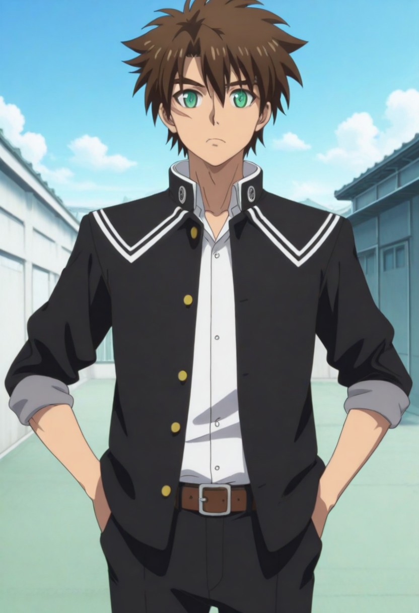((HD, High Quality, masterpiece, very aesthetic, absurdres)), ((perfect anatomy, perfect eyes, perfect face)), ((handsome, attractive, cute, sexy, charming)), ((Anime, anime screencap, anime coloring)), ((1male, 1boy, solo male only, one male character only)), ((Basara Toujou, brown hair, green eyes, gakuran uniform, unbuttoned gakuran, white collared undershirt, rolled sleeves, belt, pants)), ((cowboy shot, head to hips shot)), ((school rooftop, blue sky))