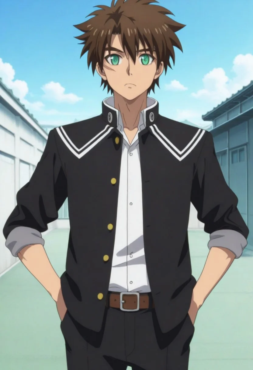 ((HD, High Quality, masterpiece, very aesthetic, absurdres)), ((perfect anatomy, perfect eyes, perfect face)), ((handsome, attractive, cute, sexy, charming)), ((Anime, anime screencap, anime coloring)), ((1male, 1boy, solo male only, one male character only)), ((Basara Toujou, brown hair, green eyes, gakuran uniform, unbuttoned gakuran, white collared undershirt, rolled sleeves, belt, pants)), ((cowboy shot, head to hips shot)), ((school rooftop, blue sky))