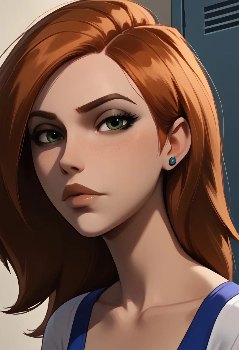 score_9, score_8, score_7, score_8_up, 1girl, bonnie and kim possible, (1petite, Kim Possible), Expressiveh, redhead, small neck, solo, freckles, (long hair, green eyes), smooth hair, medium hair, long eyelashes, collarbone, side view, jewelry, piercings, close up view, (((looking at viewer))), close up view, in a school, light blue lockers, cheerleader top, jawline, collarbone, slightly angled view, detailed skin, high quality, (long eyelashes, dark makeup),