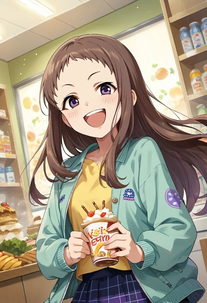 score_9, score_8_up, score_7_up, source_anime, koseki reina, brown hair, long hair, purple eyes, 1girl, solo, yellow shirt, food, open mouth, shirt, jacket, smile, blush, skirt