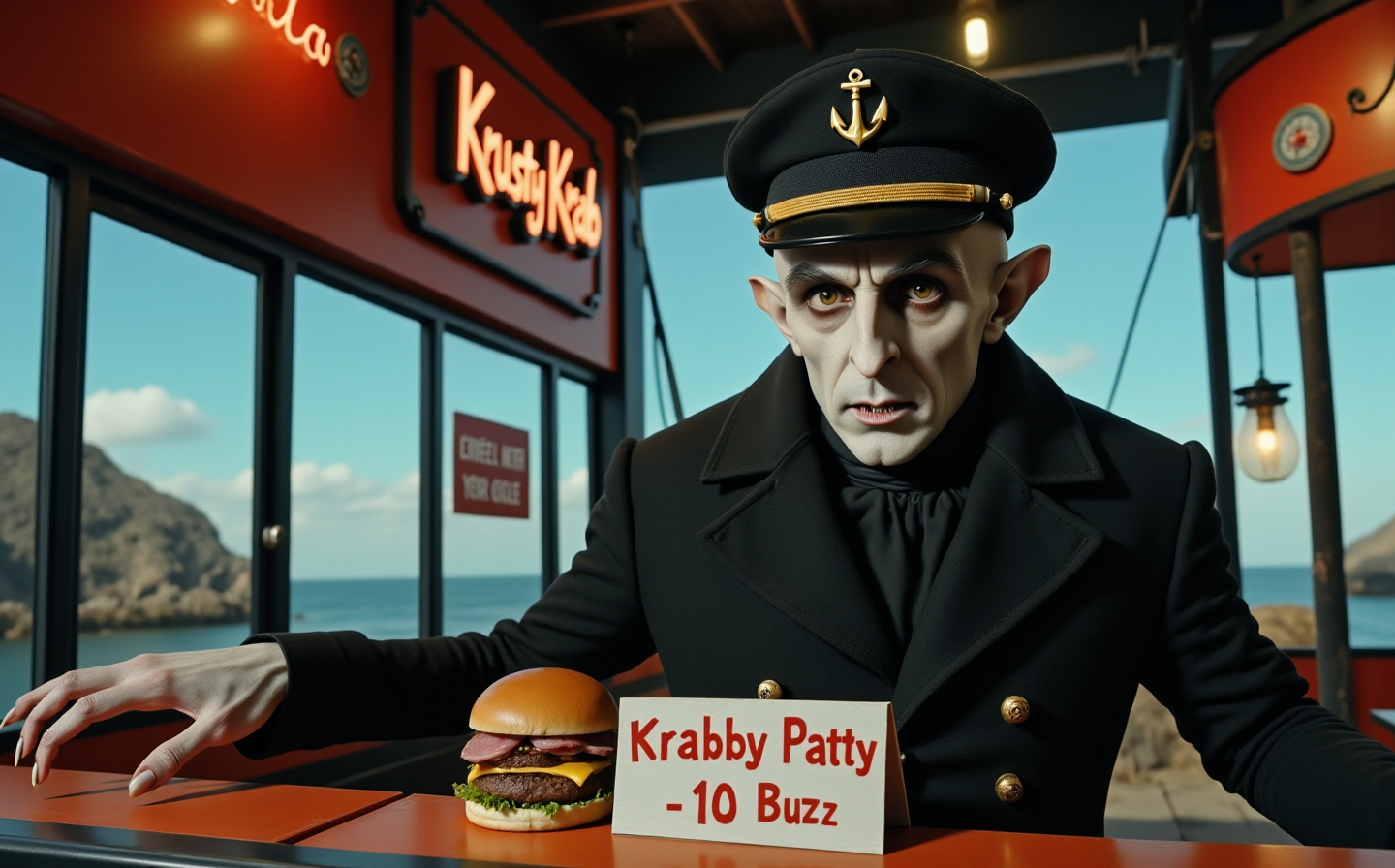 long shot scenic professional photograph of , perfect viewpoint, highly detailed, wide-angle lens, hyper realistic, with dramatic sky, polarizing filter, natural lighting, vivid colors, everything in sharp focus, HDR, UHD, 64K,solo,nosferatu working in a fastfood,solo,fastfood employee,hamburgers,pointy teeth,terrifying,grey skin,long eyebrows,claws,((fastfood logo over the counter clearly reads "Krusty Krab")),nosferatu is wearing a marine captain hat with an anchor on it,nosferatu holds a sign containing the fastfood's menu,((the menu read "Krabby Patty - 10 Buzz")) ,<lora:nosferatu-flux-v2:1>