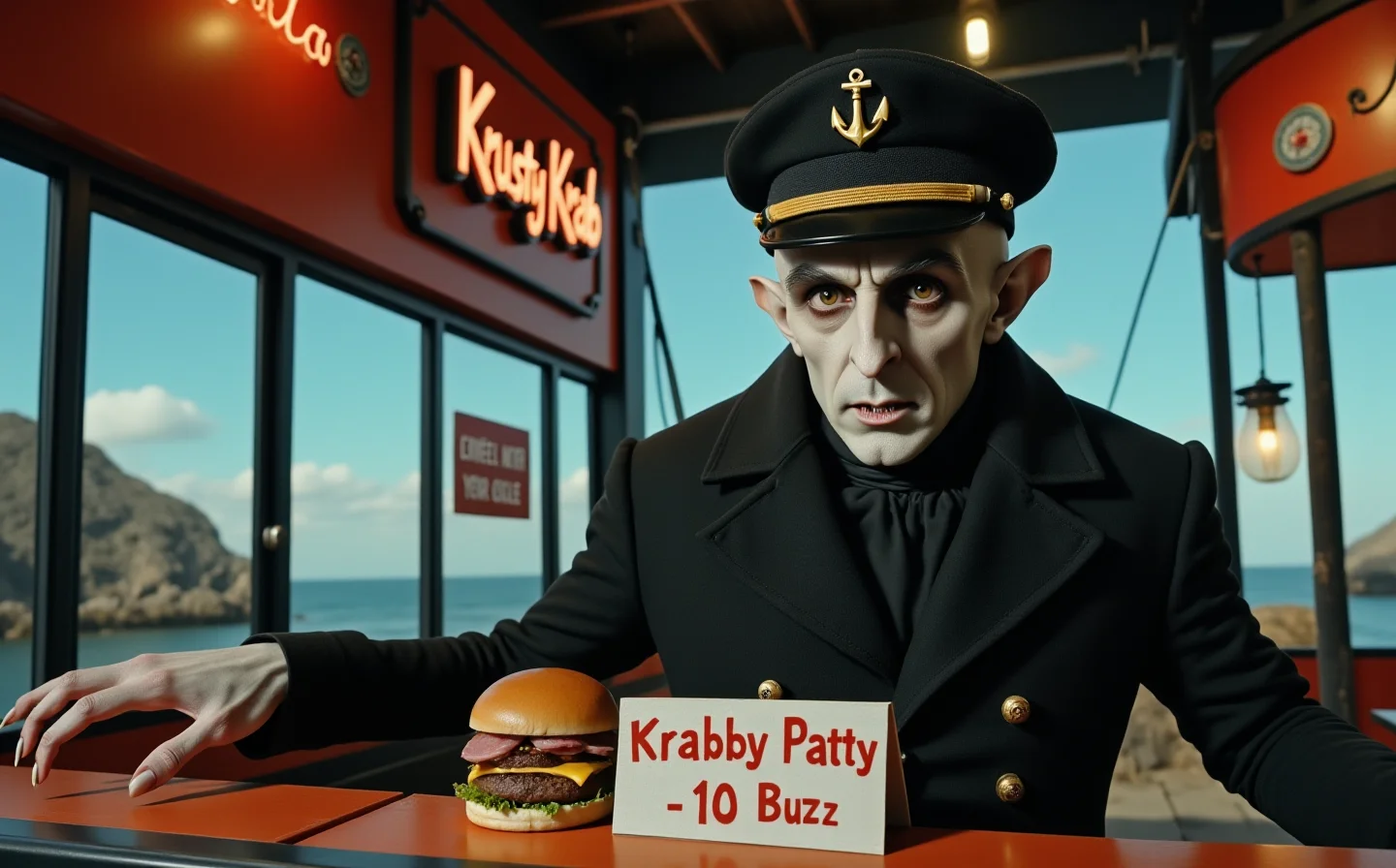 long shot scenic professional photograph of , perfect viewpoint, highly detailed, wide-angle lens, hyper realistic, with dramatic sky, polarizing filter, natural lighting, vivid colors, everything in sharp focus, HDR, UHD, 64K,solo,nosferatu working in a fastfood,solo,fastfood employee,hamburgers,pointy teeth,terrifying,grey skin,long eyebrows,claws,((fastfood logo over the counter clearly reads "Krusty Krab")),nosferatu is wearing a marine captain hat with an anchor on it,nosferatu holds a sign containing the fastfood's menu,((the menu read "Krabby Patty - 10 Buzz")) ,<lora:nosferatu-flux-v2:1>