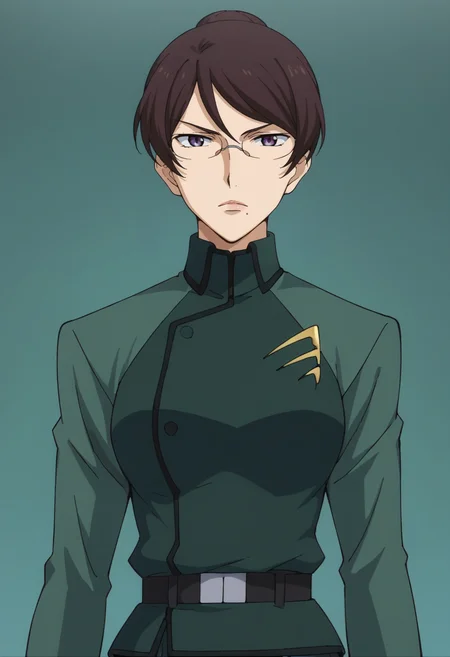 score_9,score_8_up,score_7_up,score_6_up,score_5_up,score_4_up,anime coloring BREAK source_anime,anime,<lora:Kati_Mannequin_Gundam_00_Pony:0.8>,kati,1girl,solo,purple eyes,brown hair,mole under mouth,hair up,single hair bun,glasses,s2uniform,green jacket,belt,multicolored background,portrait,upper body,looking at viewer,