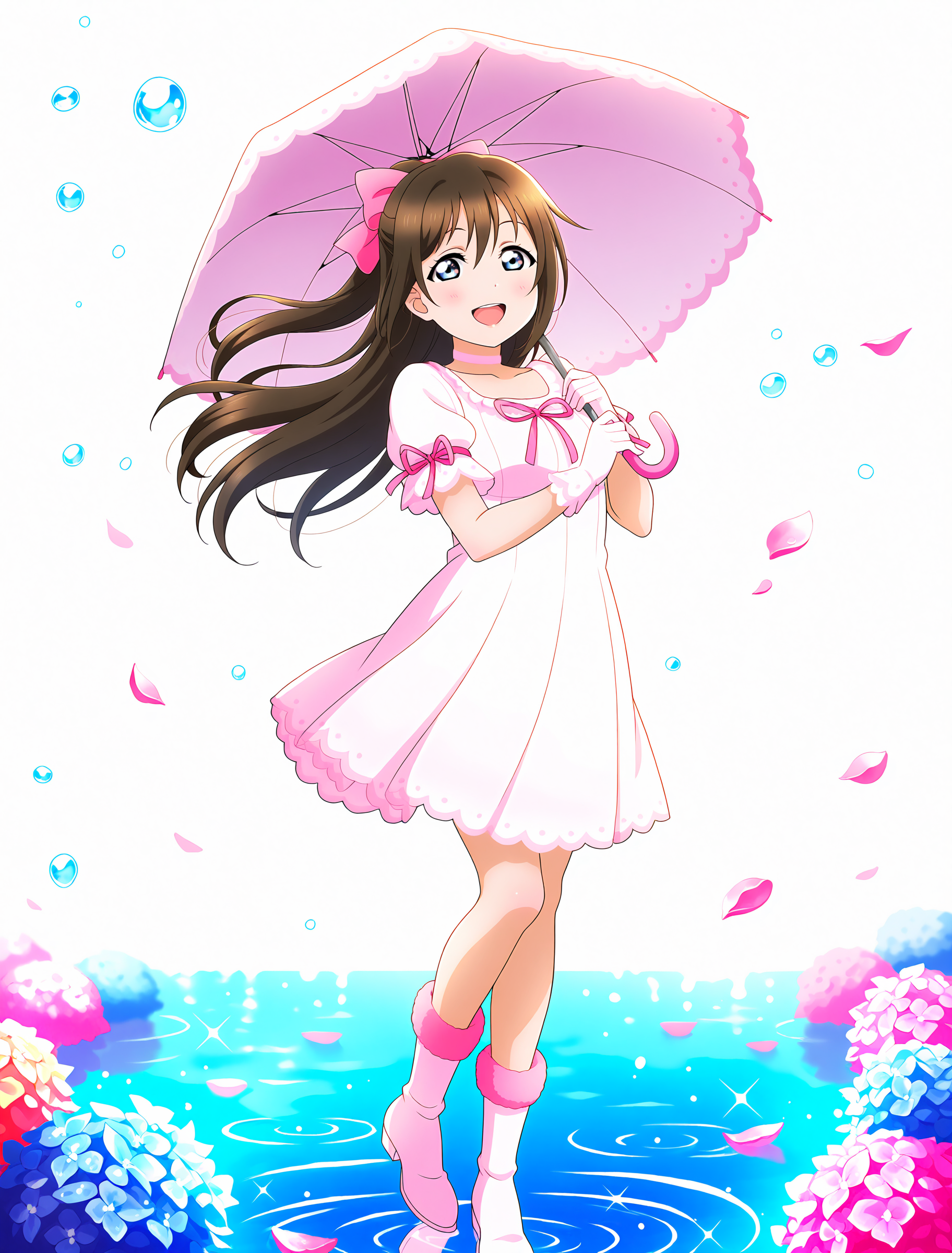 <lora:Koto-Umi-Riko-Shizu-Setsu-LLAS-IllustriousXLV01-V1:0.5> <lora:Koto-Umi-Riko-Shizu-Setsu-LLAS-NoobAIXLV11-V1:0.5> <lora:sdxl-boldline:-0.8> <lora:il_saturation_slider_d1:-0.3>
<lora:Lily-White-IllustriousXLV01-V1:1>
(llas:1.4), (masterpiece, very aesthetic, absurdres, very awa:1.2), best quality, highres, newest, perfect anatomy, perfect lighting, anime coloring, anime screenshot BREAK
(sparkle, light particles:0.8), depth of field BREAK
1girl, solo, looking at viewer, full body BREAK
osaka shizuku, half updo, hair bow, pink bow BREAK
big pupils, (detailed eyes:1.2), large breasts, lips, :d, upper teeth only BREAK
(lilihowa dress), pink dress, puffy short sleeves, gloves, choker, neck ribbon, arm ribbon, fur-trimmed boots BREAK
holding umbrella, hydrangea, (water drop, bubble:1.2), petals on liquid, reflective floor, reflective water, white background, (blue background:0.7)