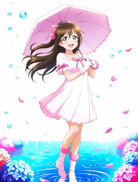 <lora:Koto-Umi-Riko-Shizu-Setsu-LLAS-IllustriousXLV01-V1:0.5> <lora:Koto-Umi-Riko-Shizu-Setsu-LLAS-NoobAIXLV11-V1:0.5> <lora:sdxl-boldline:-0.8> <lora:il_saturation_slider_d1:-0.3>
<lora:Lily-White-IllustriousXLV01-V1:1>
(llas:1.4), (masterpiece, very aesthetic, absurdres, very awa:1.2), best quality, highres, newest, perfect anatomy, perfect lighting, anime coloring, anime screenshot BREAK
(sparkle, light particles:0.8), depth of field BREAK
1girl, solo, looking at viewer, full body BREAK
osaka shizuku, half updo, hair bow, pink bow BREAK
big pupils, (detailed eyes:1.2), large breasts, lips, :d, upper teeth only BREAK
(lilihowa dress), pink dress, puffy short sleeves, gloves, choker, neck ribbon, arm ribbon, fur-trimmed boots BREAK
holding umbrella, hydrangea, (water drop, bubble:1.2), petals on liquid, reflective floor, reflective water, white background, (blue background:0.7)