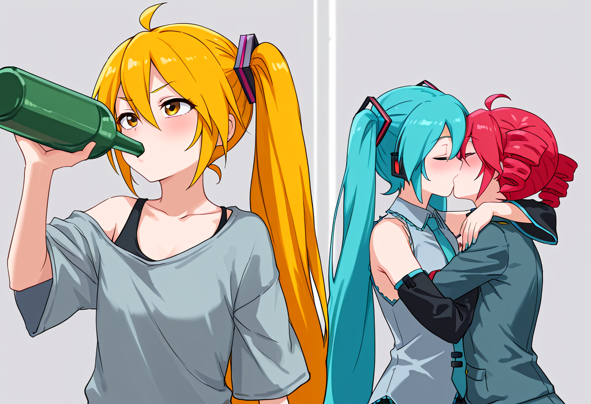 masterpiece, high quality, amazing detail, girl_drinking_while_guys_make_out_meme, 3girls, hatsune miku, kasane teto, akita neru, holding, bottle, kiss, drinking, holding bottle, <lora:girl_drinking_while_guys_make_out_meme:1>