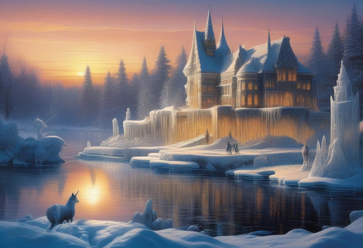 A whimsical winter wonderland, 
with ice sculptures and twinkling lights adorning the frozen lake. evening, 
intricate design, 
cinematic lighting, 
LP cover, 
Giger Marc Simonetti print, 
Mysterious