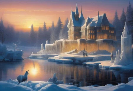 A whimsical winter wonderland,
with ice sculptures and twinkling lights adorning the frozen lake. evening,
intricate design,
cinematic lighting,
LP cover,
Giger Marc Simonetti print,
Mysterious