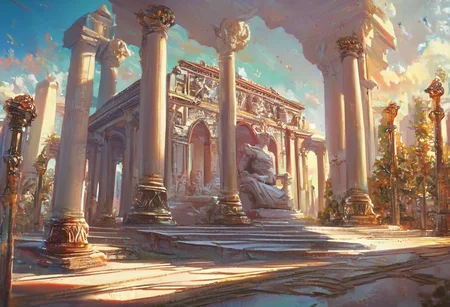 score_9, score_8_up, score_7_up, pmg style, roman temple, sunset, statue of zeus