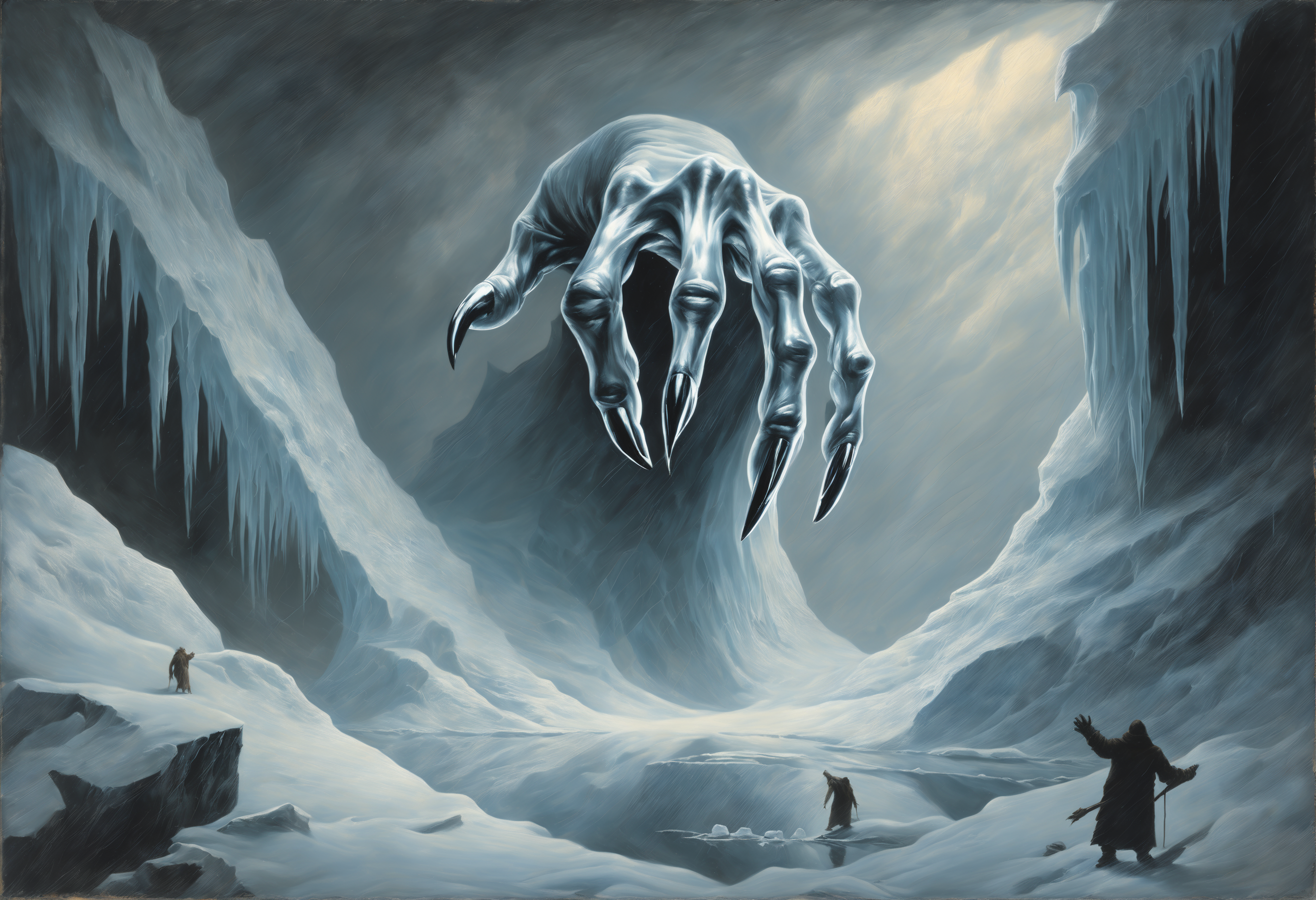 The monochromatic painting depicts a colossal, bony hand emerging from an icy abyss. The hand is deformed and adorned with long, sharp claws. The background is dominated by ice and snow, creating a cold and hostile atmosphere. The hand appears to be breaking through the reflective surface of the ice, hinting at a massive creature lurking beneath. A blizzard rages on, adding to the intensity, while the snowstorm envelops the scene, making the hand's emergence even more dramatic.
