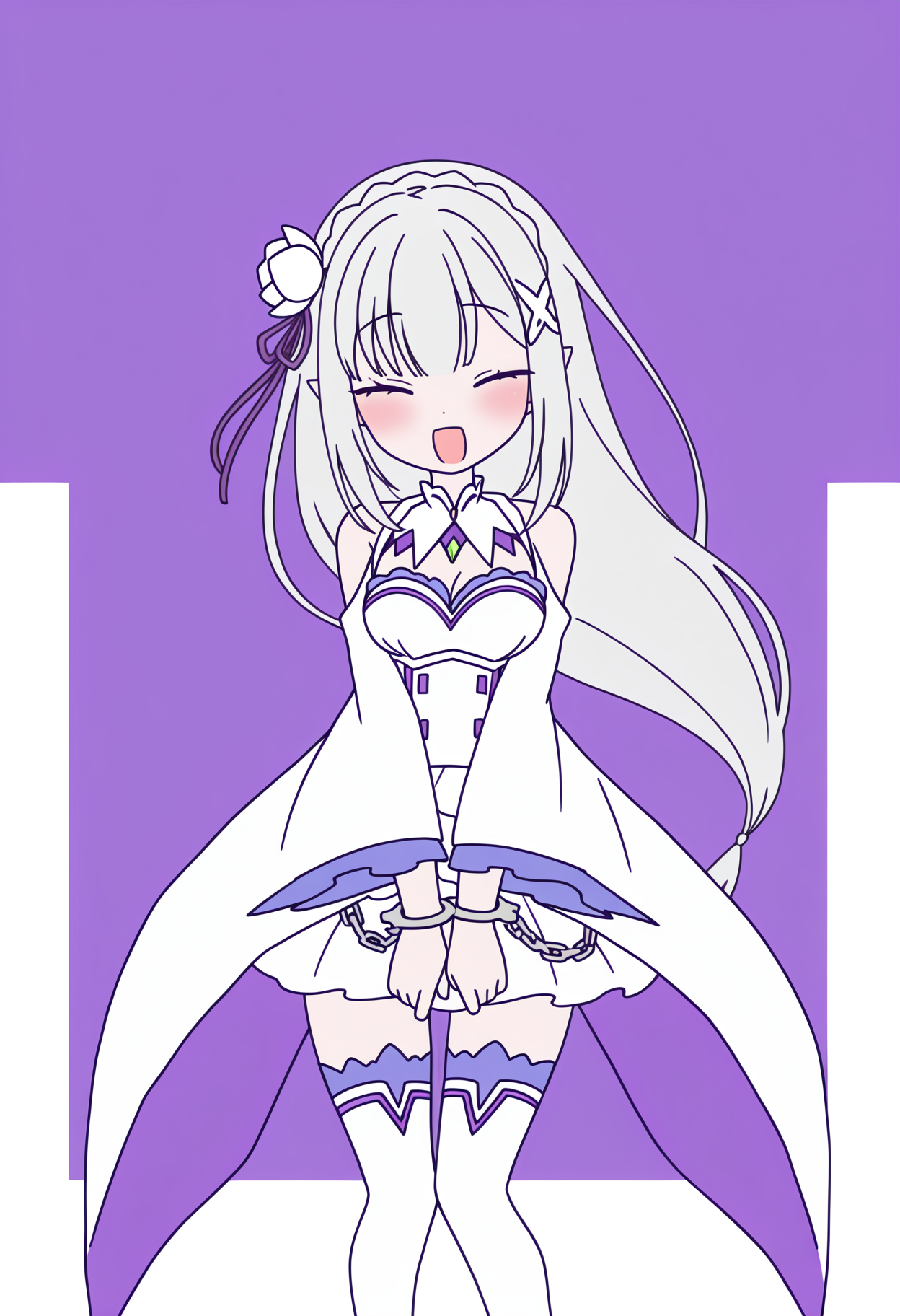 masterpiece, best quality, high resolution, source_anime, highly detailed illustration, detailed eyes,  
very aesthetic, absurdres, newest, amazing quality, 
<lora:shiRabbitHoleStyleConceptV1ill:1>, shirbtlestyle, from behind, 
simple background, standing,  closed eyes, feet out of frame, own hands together, facing viewer, two-tone background, purple background, v arms, handcuffs, open mouth, blush, ;d, smile, 
multicolored hair, dot nose, v arms, two-sided fabric, flat color, 
1girl, solo, 
<lora:shiEmiliaV12ill:1> shimilia, long hair, grey hair, pointy ears, crown braid, hair flower, hair ribbon, purple ribbon, x hair ornament, white dress, cleavage, bare shoulders, wide sleeves, white thighhighs, thigh boots,